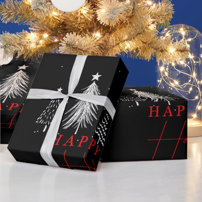 Happy Holiday Christmas Pine Tree | Schwarz Geschenkpapier (Feiertage)
