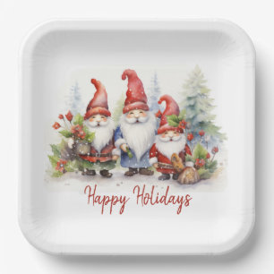 Happy Holiday Gnomes in Snowflakes Pappteller