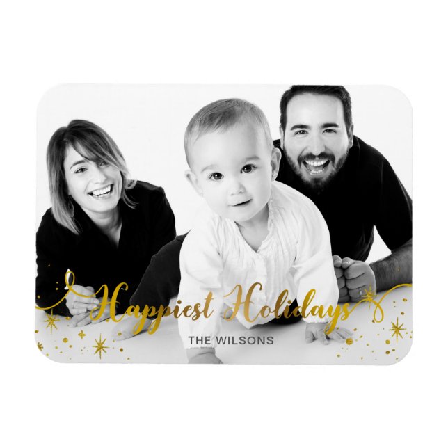 Happy Holiday Gold Foto Holiday Card Magnet (Horizontal)
