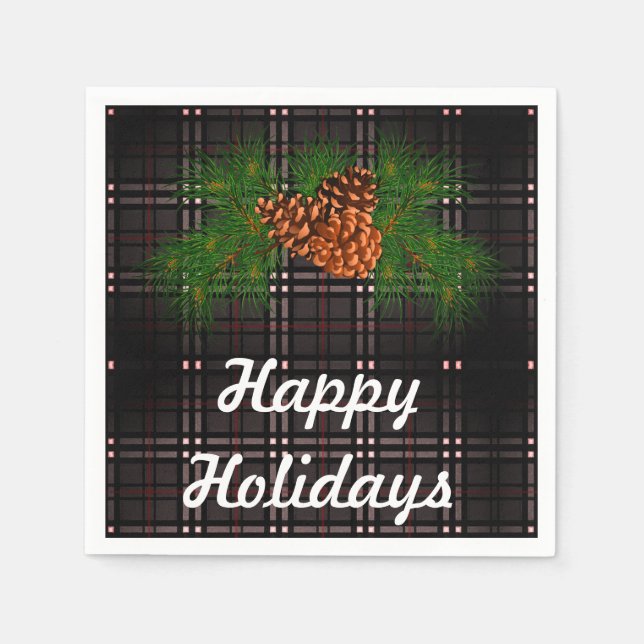 Happy Holiday - Grauer Tartan mit Kiefernkegeldeta Serviette (Vorderseite)