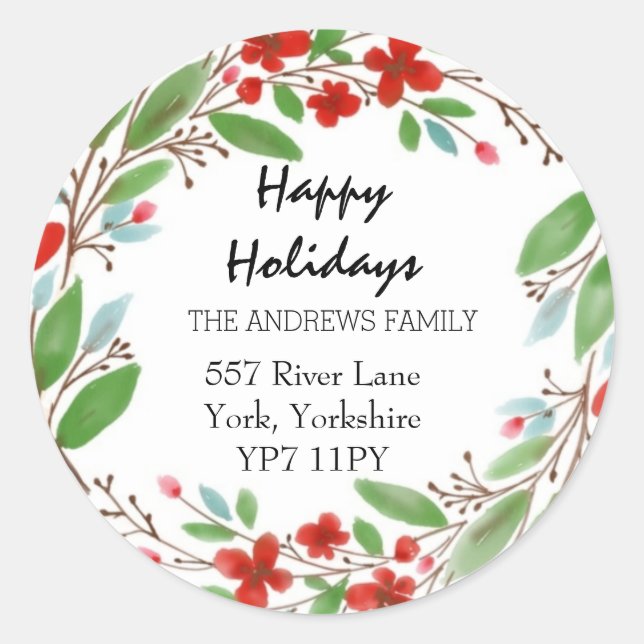 Happy Holiday Greenery Red Wreath Runder Aufkleber (Vorderseite)