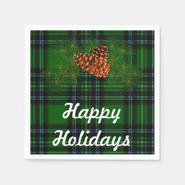 Happy Holiday - grüner Tartan mit Kiefernkegeldeta Serviette (Vorderseite)