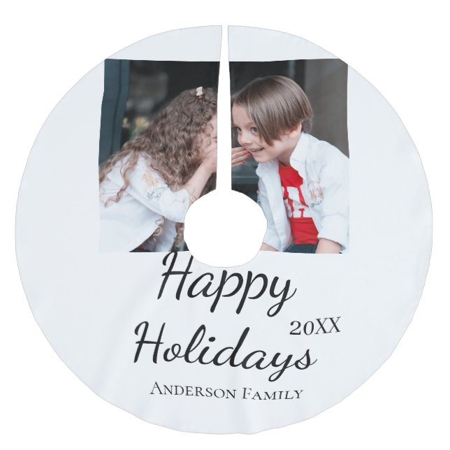 Happy Holiday Kinder Foto Moderne Geschenke Text Polyester Weihnachtsbaumdecke (Vorderseite)