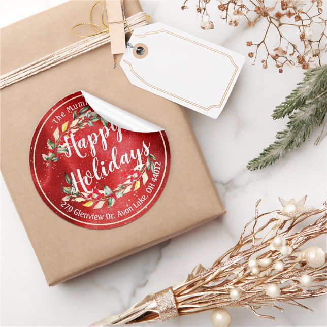 Happy Holiday Merry Christmas Holly Floral Rede Runder Aufkleber (Von Creator hochgeladen)