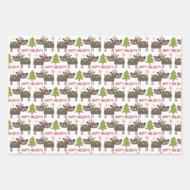 Happy Holiday Schneeflocken niedliche Rentiere Wei Geschenkpapier Set