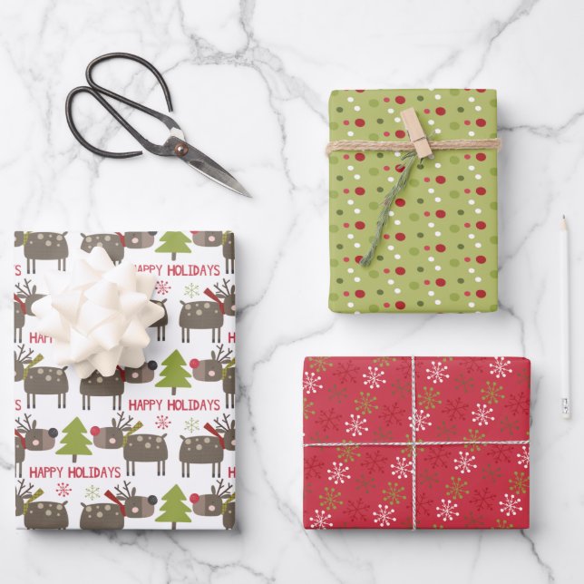 Happy Holiday Schneeflocken niedliche Rentiere Wei Geschenkpapier Set (Vorderseite)