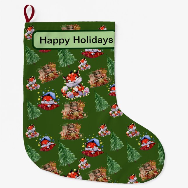 Happy Holiday Season Green Großer Weihnachtsstrumpf (Vorderseite)