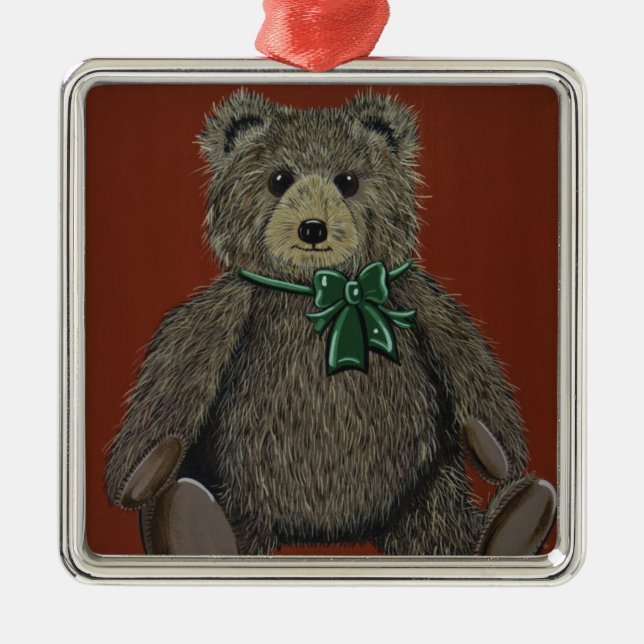 Happy Holiday Teddy Silbernes Ornament (Vorne)