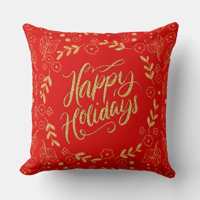 Happy Holiday Typografie Gold Glitzer Blätter Rahm Kissen (Vorderseite)