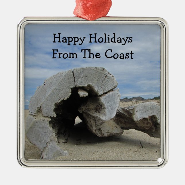 Happy Holiday Warm Pacific Coast Beach Driftwood Ornament Aus Metall (Vorne)