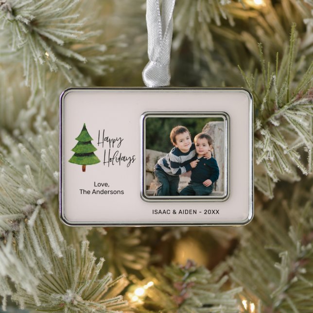 Happy Holiday Watercolor Weihnachtsbaum Foto Rahmen-Ornament Silber (Baum)