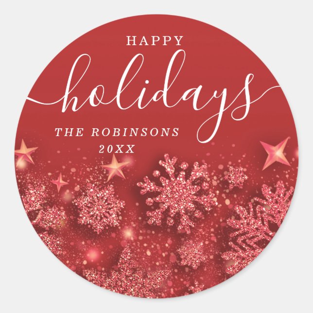 Happy Holiday Weihnachten Glitzer Snow Red Runder Aufkleber (Vorderseite)