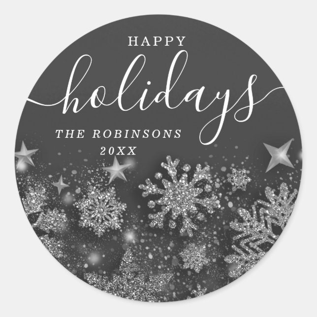 Happy Holiday Weihnachten Glitzer Snow Silver Runder Aufkleber (Vorderseite)