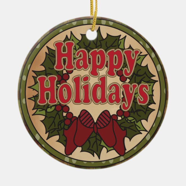 Happy Holiday Weihnachtskranz Keramik Ornament (Vorne)