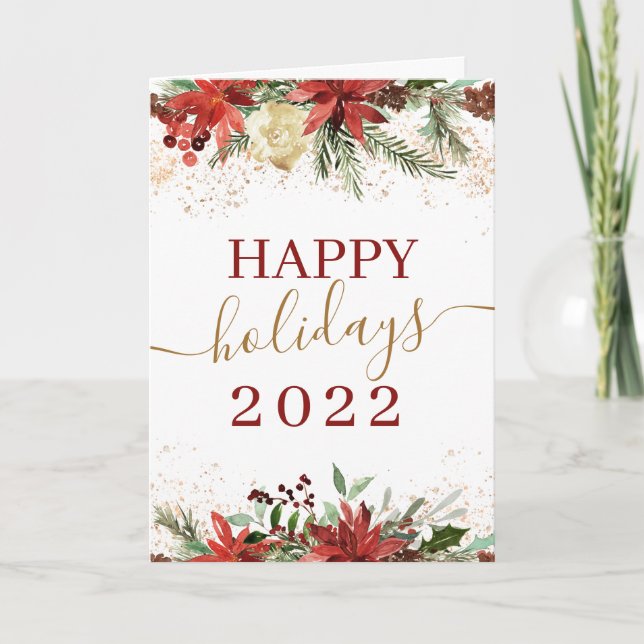 Happy Holidays 2022 Burgundy Forest Gold Card Karte (Vorderseite)