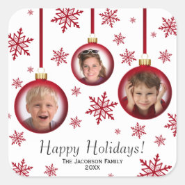 Happy Holidays 3 Foto Fun Red Baubles Weihnachten Quadratischer Aufkleber