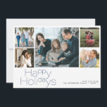 Happy Holidays 5 Foto Collage modern Feiertagskarte<br><div class="desc">Einfache minimalistisch blaue Typografie 5 individuelle Fotos,  Familienname und Text personalisierte elegante Weihnachtskarte.</div>