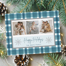 Happy Holidays Aquamarin Karierte Silver Snowflake Feiertagskarte