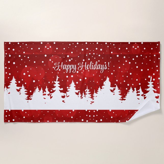 Happy Holidays Beach Handtuch (A festive holiday beach towel featuring a snowy forest scene with the Text "Happy Holidays"!)