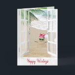 Happy Holidays Beach Window Karte<br><div class="desc">Offenes Fenster und schiere Vorhänge mit Weihnachtssandman am Strand,  Palmenfronten und Meerwasser. Text ist bearbeitbar.</div>