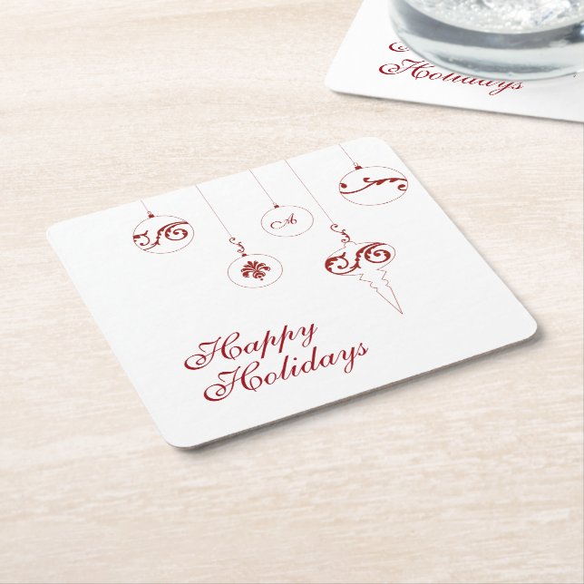 Happy Holidays Berry Red Monogram Bauble Ornaments Rechteckiger Pappuntersetzer (angewinkelt)