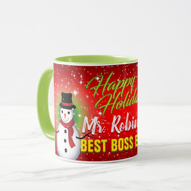 Happy Holidays Bester Boss je mit Namen Tasse (Vorderseite Links)