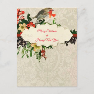 Happy Holidays Bird Greenery Red Ribbons Herz Postkarte