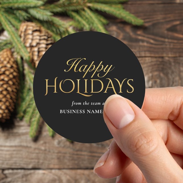 Happy Holidays Black Gold Business Christmas Runder Aufkleber (Von Creator hochgeladen)
