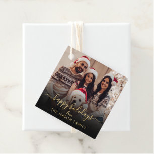 Happy Holidays Black Gold Script Family Foto Geschenkanhänger