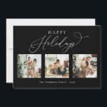 Happy Holidays Black Multi Foto Collage Feiertagskarte<br><div class="desc">Erschaffen Sie schöne Erinnerungen in dieser Ferienzeit mit dieser Multi-Foto Collage Urlaubskarte. Diese Karte verfügt über ein modernes minimalistisches Skript mit Ihren Lieblings-Fotos auf der Vorderseite und eines auf der Rückseite. Personalisieren Sie diese vollständig anpassbare Karte mit Ihrer Begrüßung,  Nachricht,  Familienname und Jahr.</div>