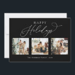 Happy Holidays Black Multi Foto Collage Feiertagskarte<br><div class="desc">Erschaffen Sie schöne Erinnerungen in dieser Ferienzeit mit dieser Multi-Foto Collage Urlaubskarte. Diese Karte verfügt über ein modernes minimalistisches Skript mit Ihren Lieblings-Fotos auf der Vorderseite und eines auf der Rückseite. Personalisieren Sie diese vollständig anpassbare Karte mit Ihrer Begrüßung,  Nachricht,  Familienname und Jahr.</div>