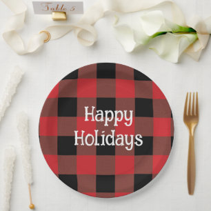 Happy Holidays Black & Red Kariert Pappteller