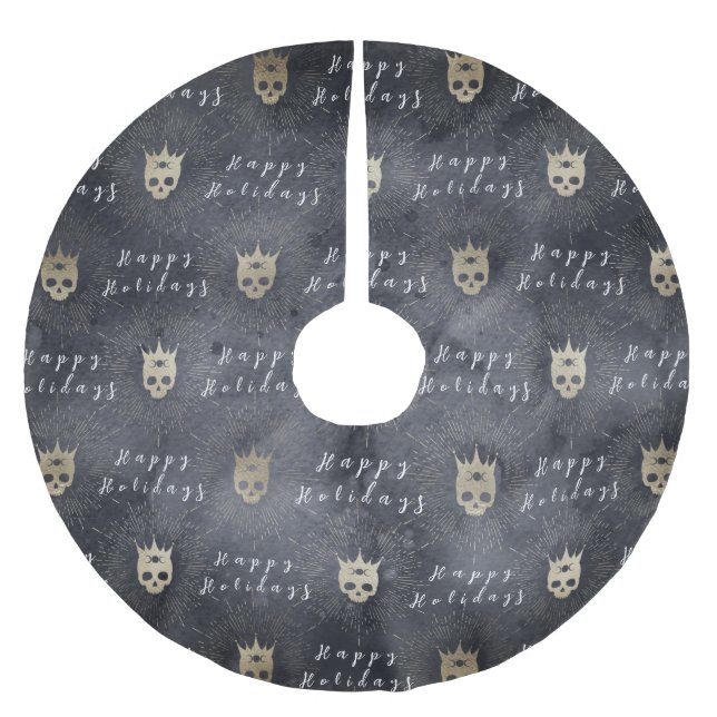 Happy Holidays Black Skulls Tree Skirt Polyester Weihnachtsbaumdecke (Vorderseite)