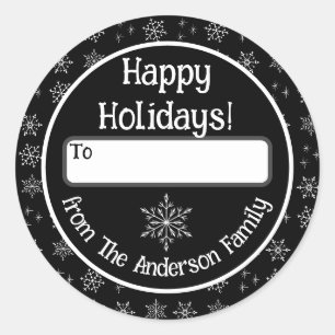 Happy Holidays Black Sticker mit Schneeflocken
