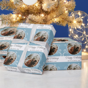 Happy Holidays Blue Foliage Family Foto Geschenkpapier