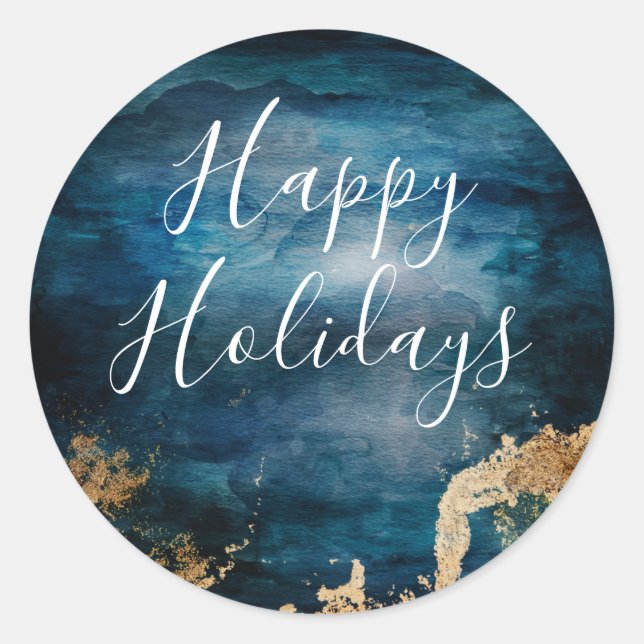 Happy Holidays Blue & Gold Runder Aufkleber (Vorderseite)