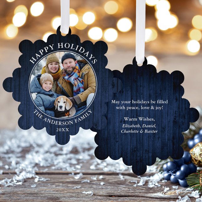 Happy Holidays Blue Wood Print Ornament Karte (A greeting card that is also an ornament! Customize with your photo and personalized text.)