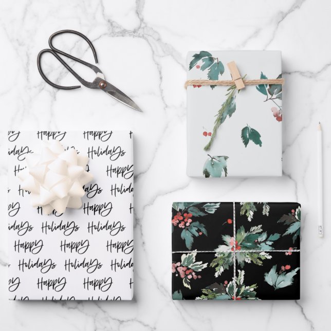 Happy Holidays Botanical Berry Pattern Geschenkpapier Set (Vorderseite)