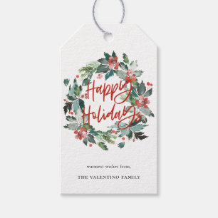 Happy Holidays Botanical Berry Wreath Weihnachten Geschenkanhänger