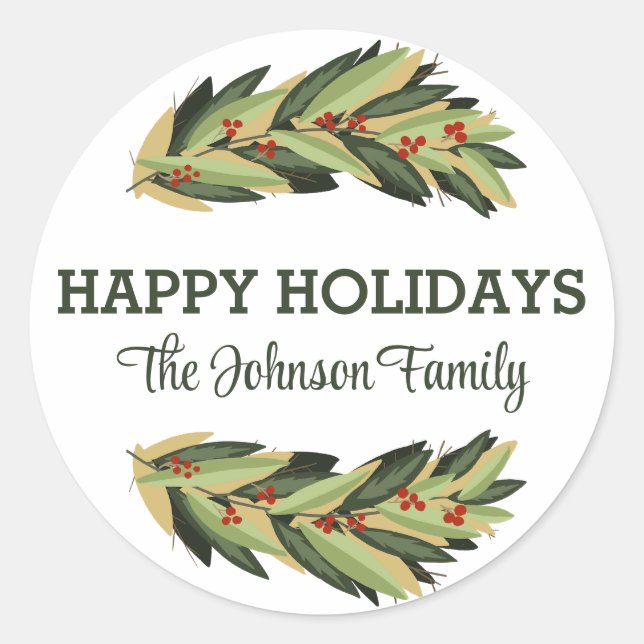 Happy Holidays Botanical Personnalisé Nom Sticker (Devant)