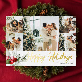 Happy Holidays Brush Script Berry 7 Photo Collage Folien Feiertagskarte