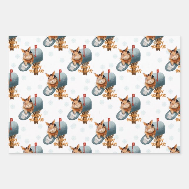 Happy Holidays Bunny in einer Mailbox Geschenkpapier Set (Vorderseite 3)