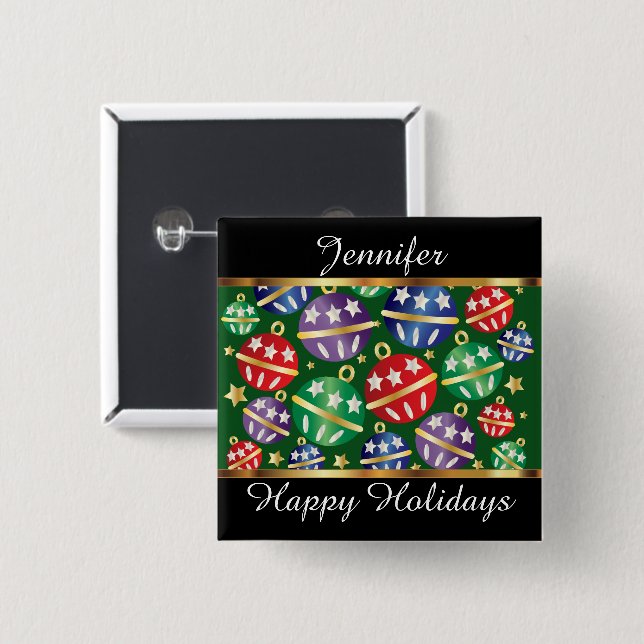 Happy Holidays Bunte Ornamente personalisieren Button (Vorne & Hinten)