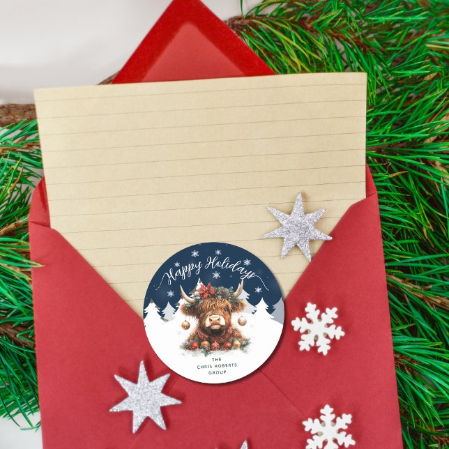 Happy Holidays Business Festive Highland Cow Runder Aufkleber (Von Creator hochgeladen)