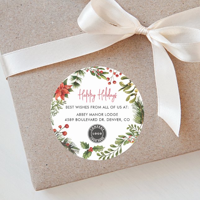 Happy Holidays Business Logo Weihnachten Runder Aufkleber (Botanical Red Berries Business Logo Happy Holidays Christmas Round Sticker)
