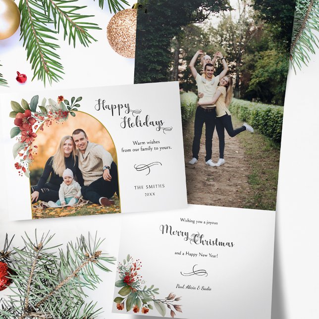 Happy Holidays Calligraphy Arch Floral Foto Dreifach Gefaltete Urlaubskarte (Von Creator hochgeladen)