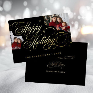 Happy Holidays Calligraphy Foto Familienname-Karte Folieneinladung