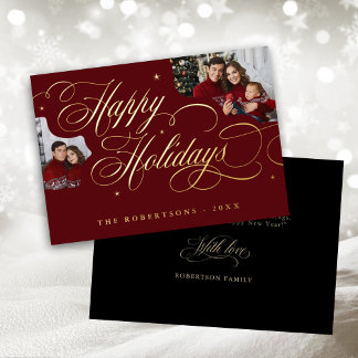 Happy Holidays Calligraphy Foto Familienname-Karte Folieneinladung