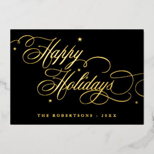 Happy Holidays Calligraphy Foto Familienname-Karte Folieneinladung