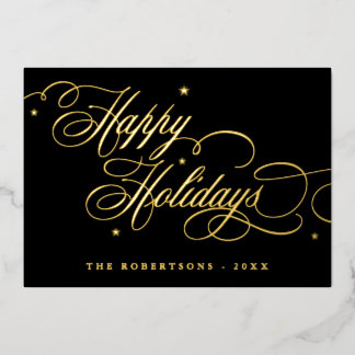 Happy Holidays Calligraphy Foto Familienname-Karte Folieneinladung
